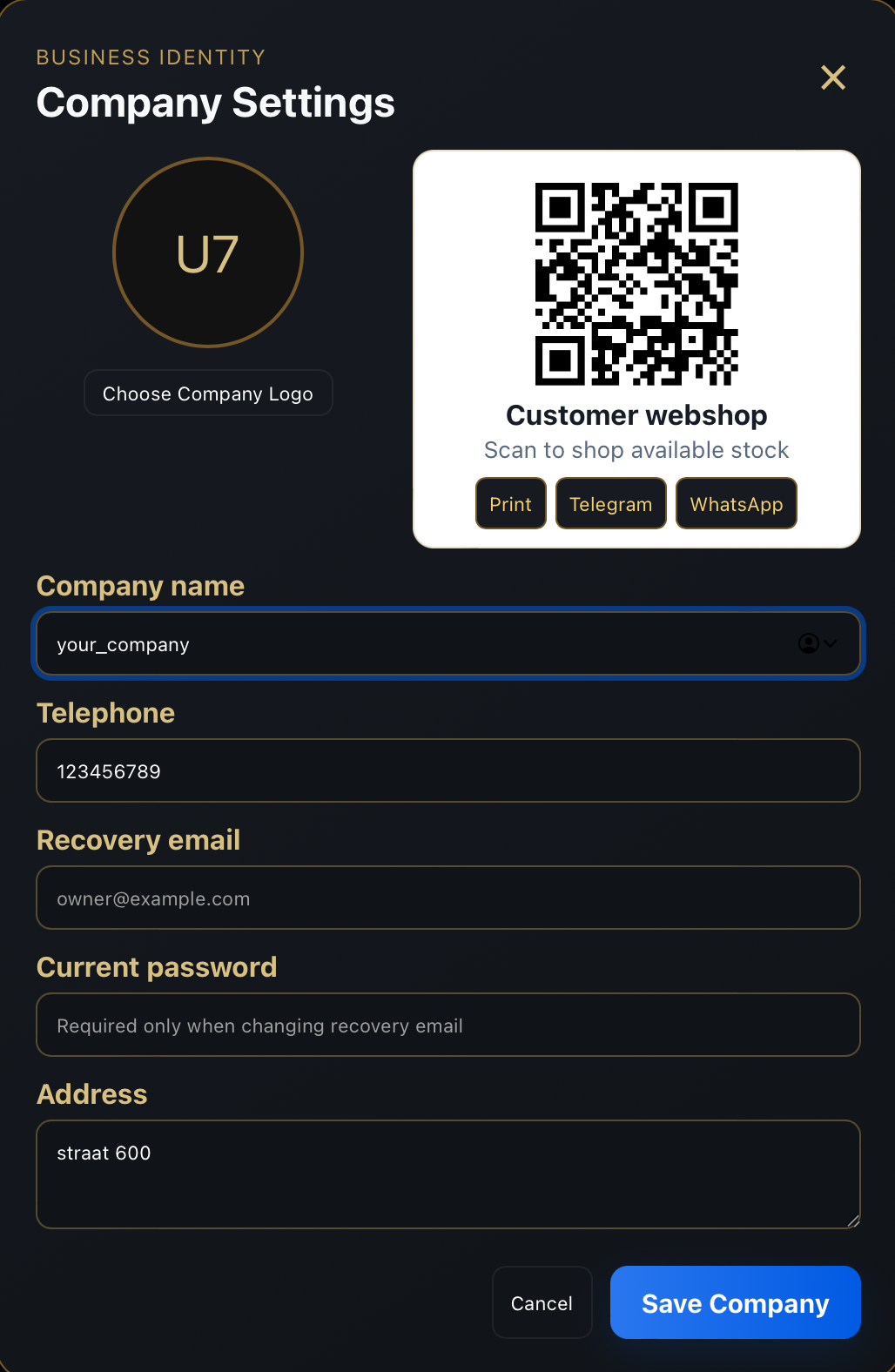 Tiqure Company Settings with company logo, customer webshop QR code and business details