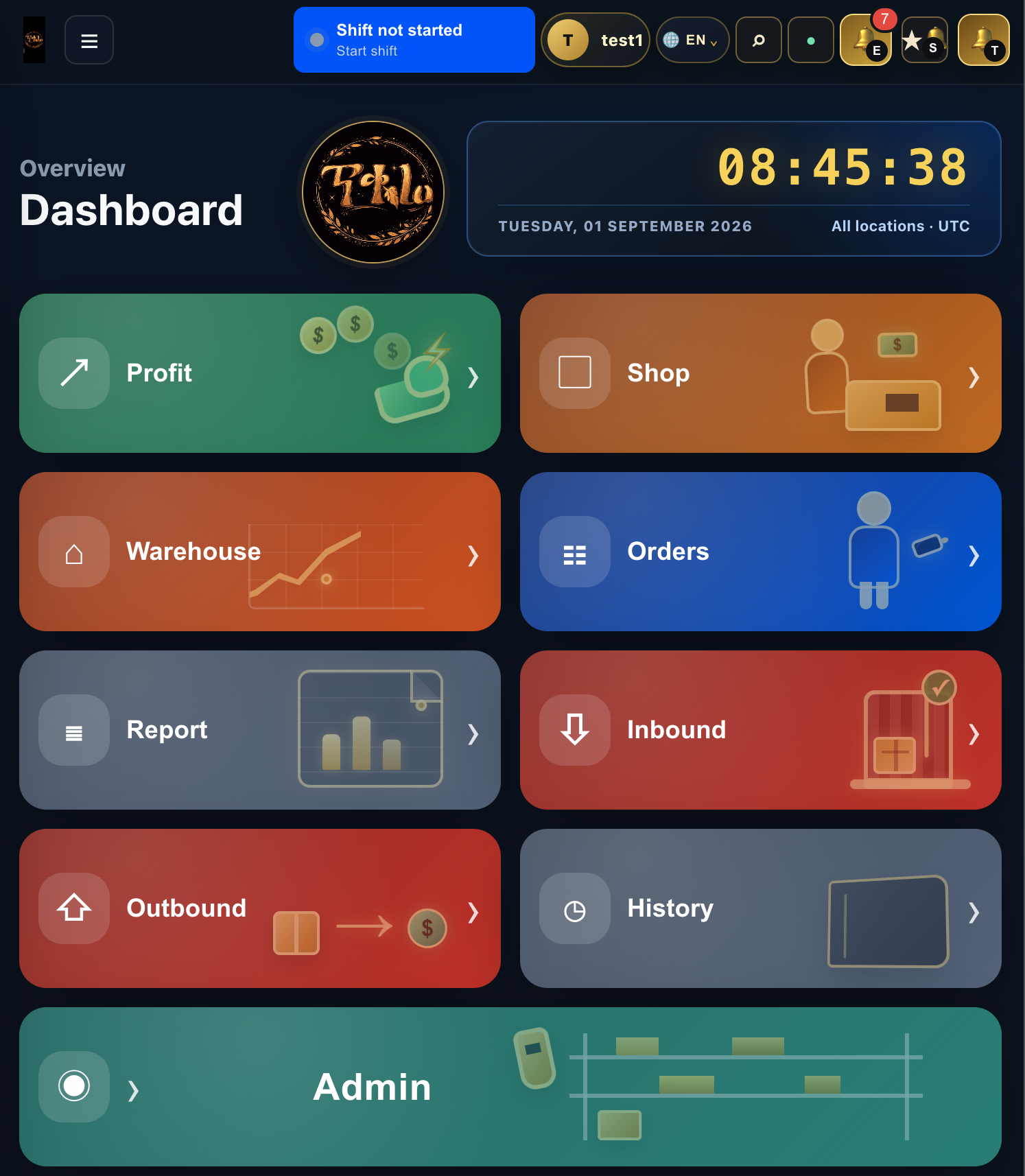 Tiqure dashboard with Profit, Shop, Warehouse, Orders, Inbound and Outbound tools