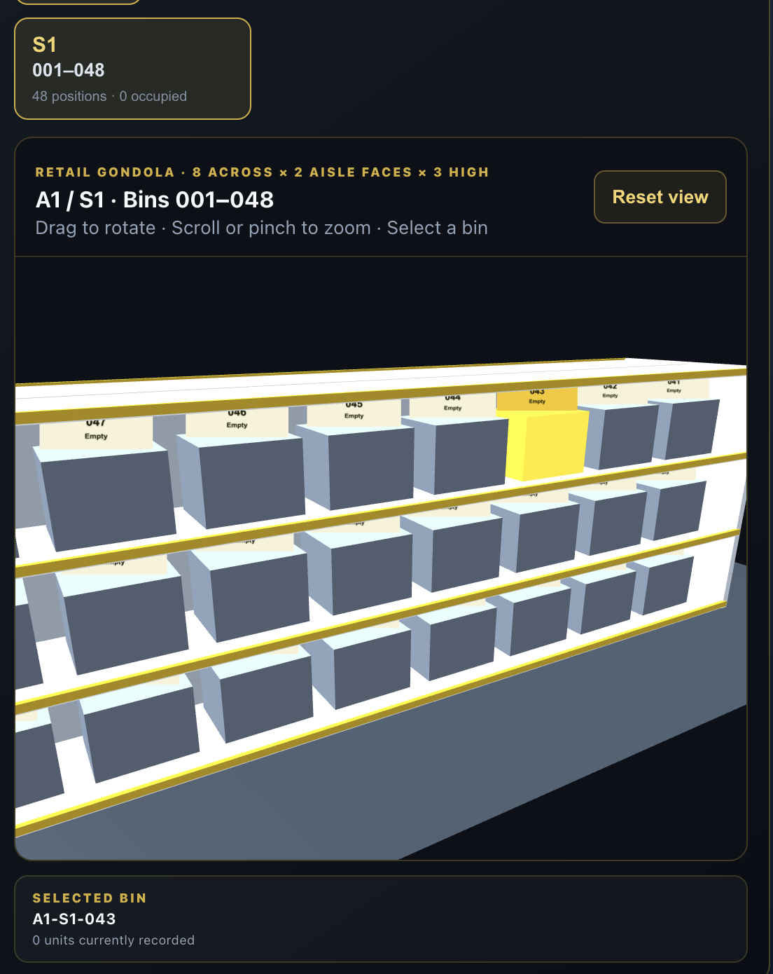 Tiqure interactive retail gondola showing aisle shelf and selectable bins