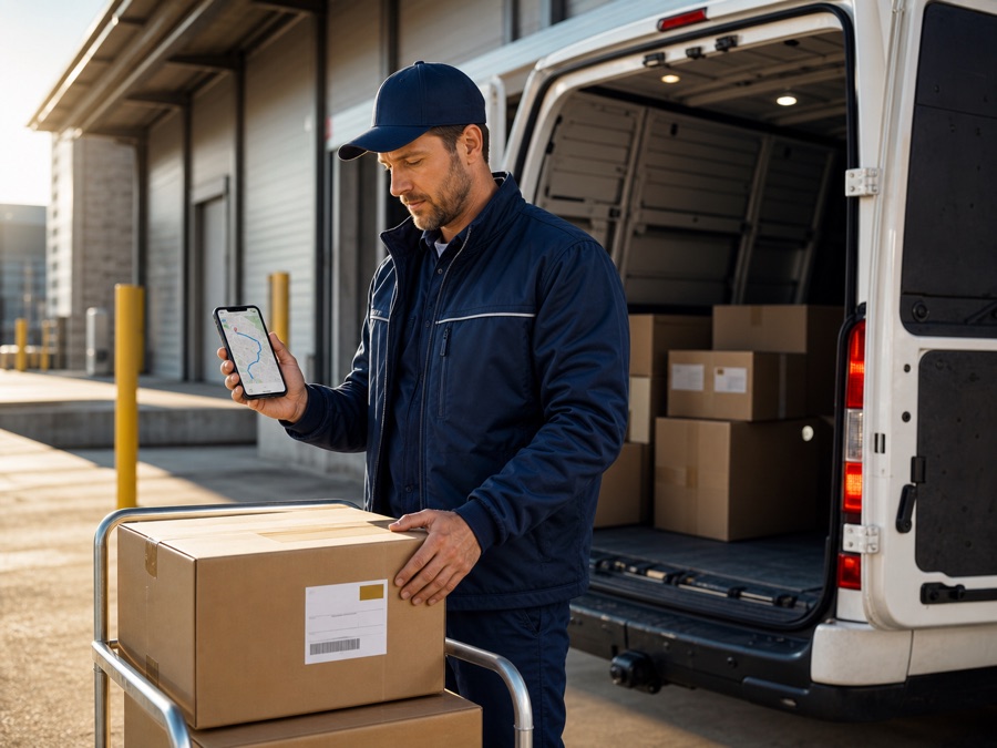 Delivery driver tracking a parcel beside a delivery van