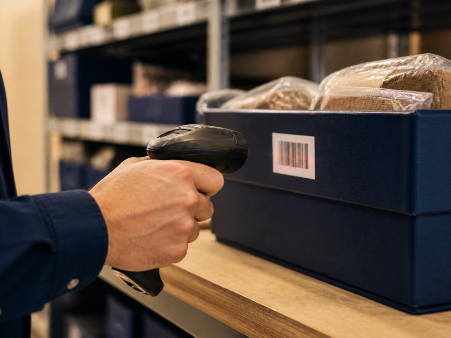 Warehouse worker scanning an inventory tote with a handheld barcode reader