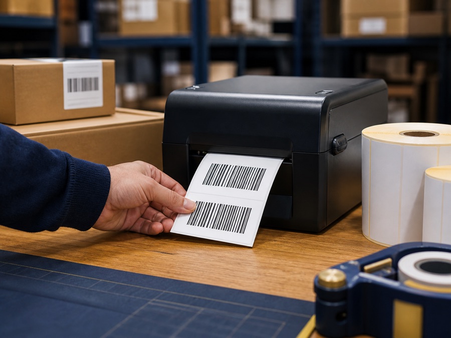 Thermal printer producing barcode labels at a packing station