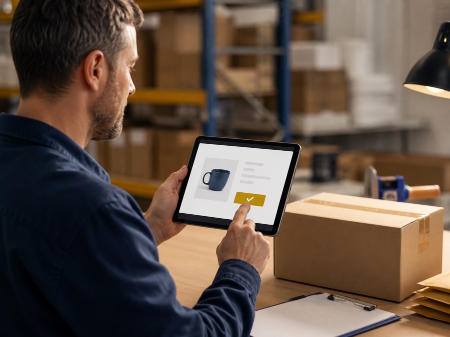Warehouse employee accepting an online order on a tablet