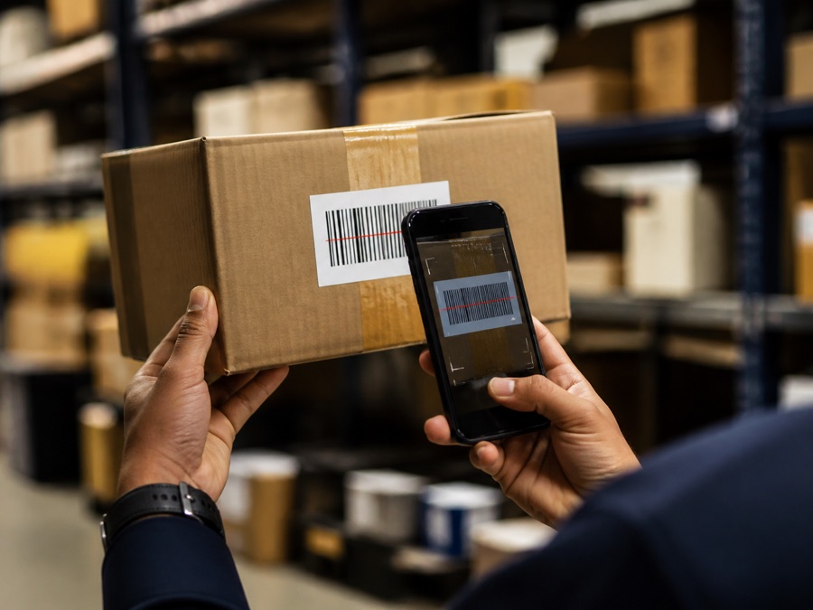 Warehouse worker scanning a box barcode with a phone camera