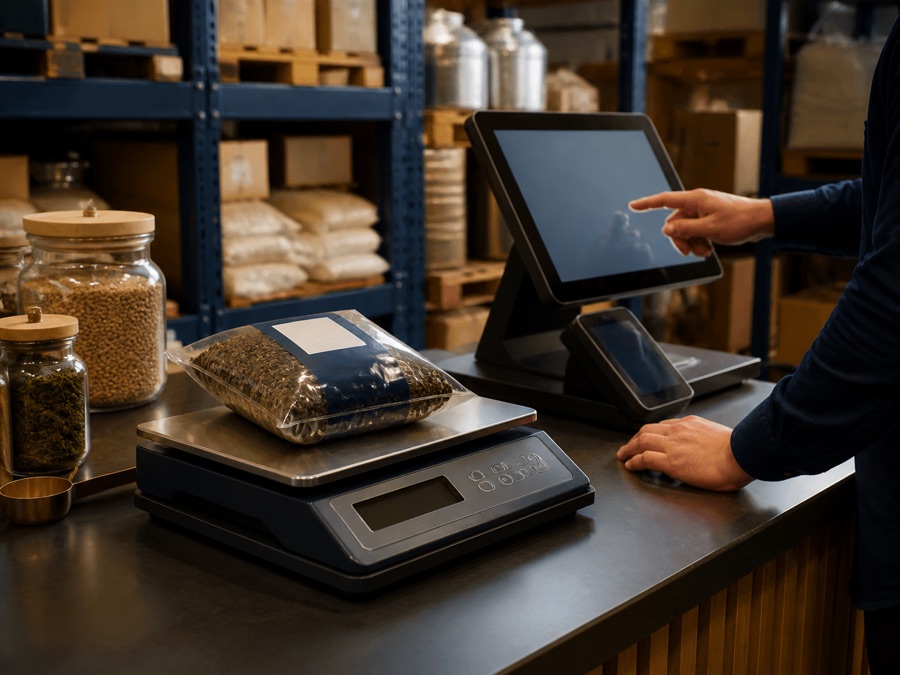 Product on a digital scale beside a point-of-sale terminal