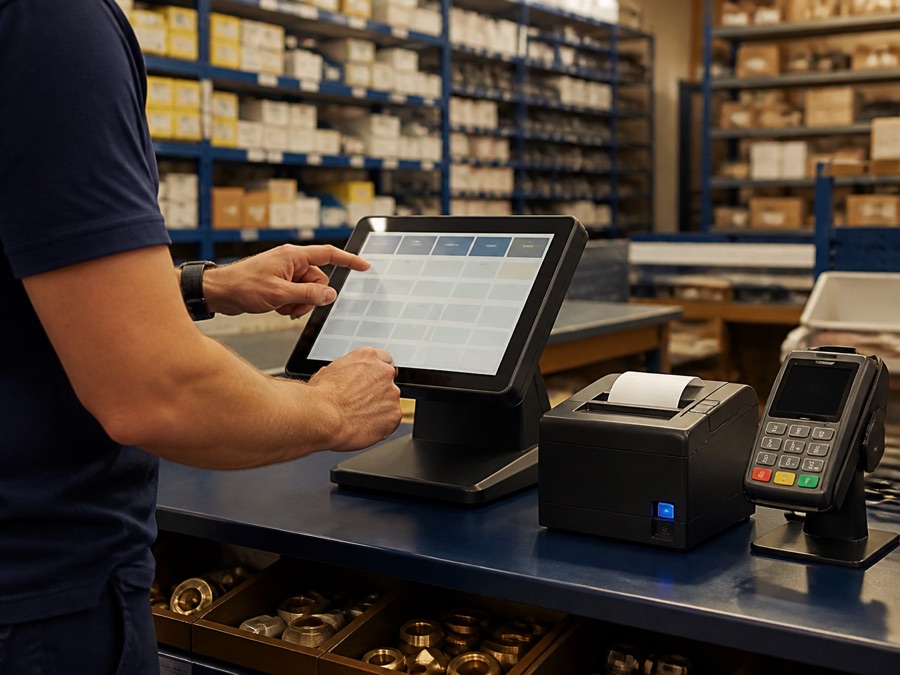 Worker operating a POS terminal at a warehouse counter