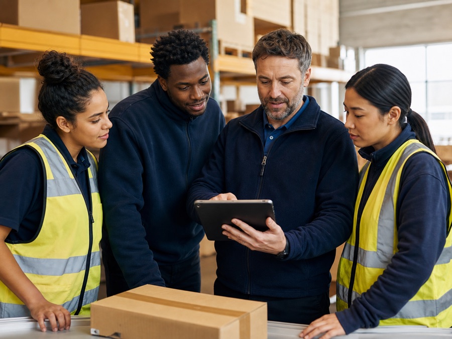Warehouse supervisor reviewing assignments with employees