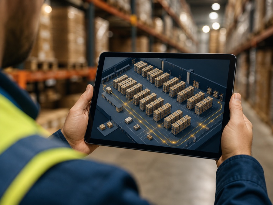 Warehouse manager viewing a 3D warehouse map on a tablet