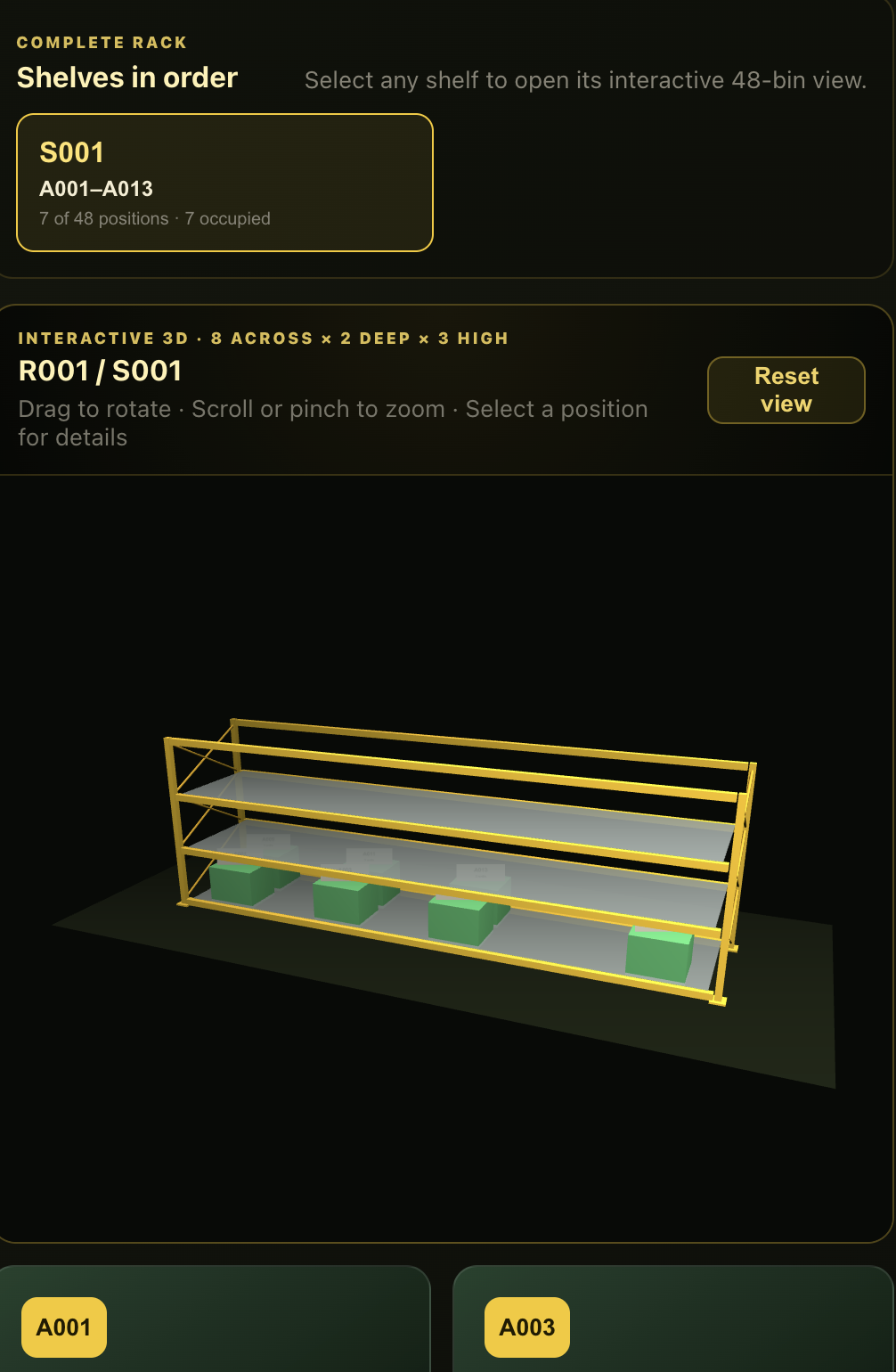 Tiqure interactive warehouse rack showing shelves and selectable stock bins